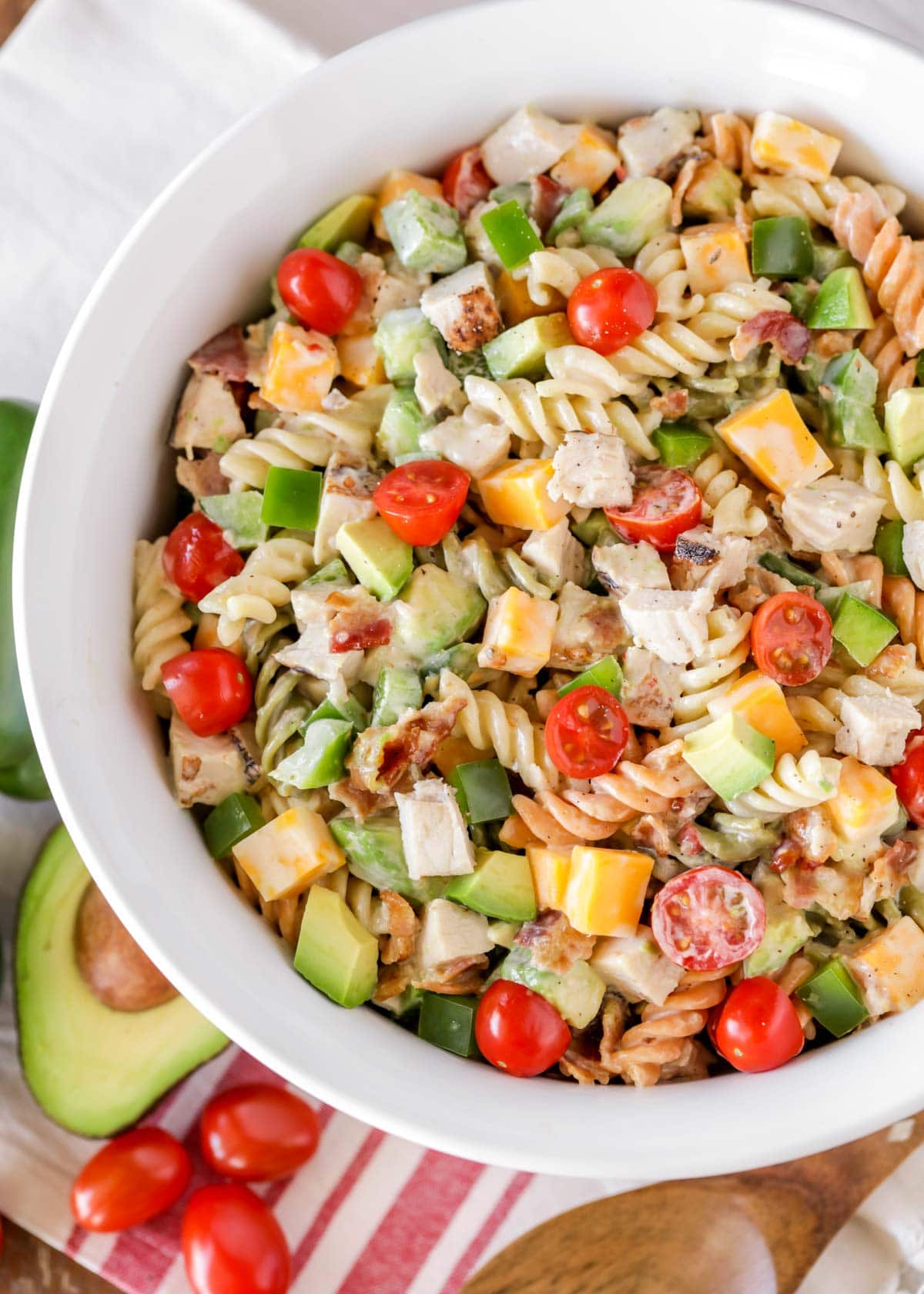 Chicken pasta salad recipe in a white bowl