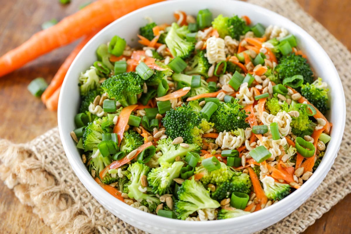 Summer side dishes - broccoli slaw in a white bowl.