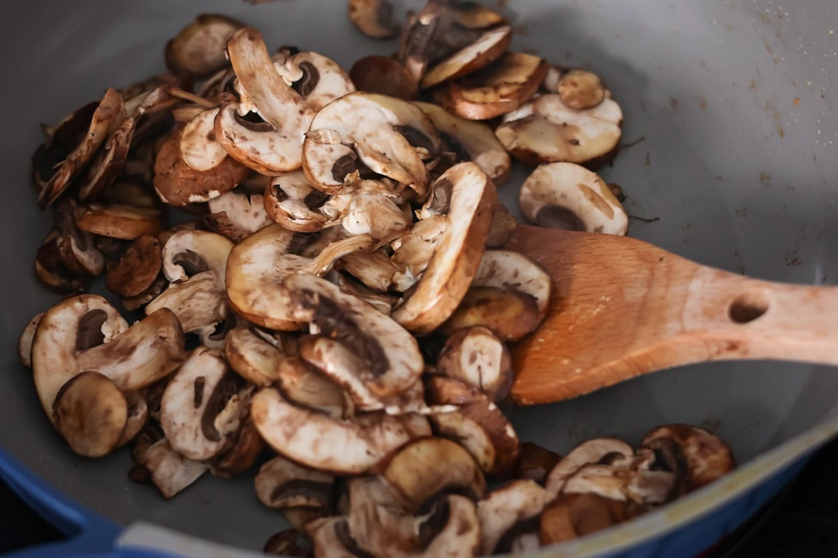 Creamy chicken stroganoff is perfect for dinner any night of the week. It's full of flavor and is made, start to finish, in about 30 minutes! Sauteing mushrooms.