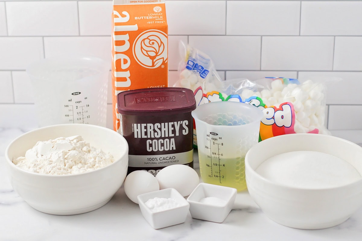 This decadent Mississippi mud cake, loaded with marshmallows and topped with a rich chocolate frosting, couldn't be easier to put together! Mississippi mud cake ingredients on a kitchen counter.