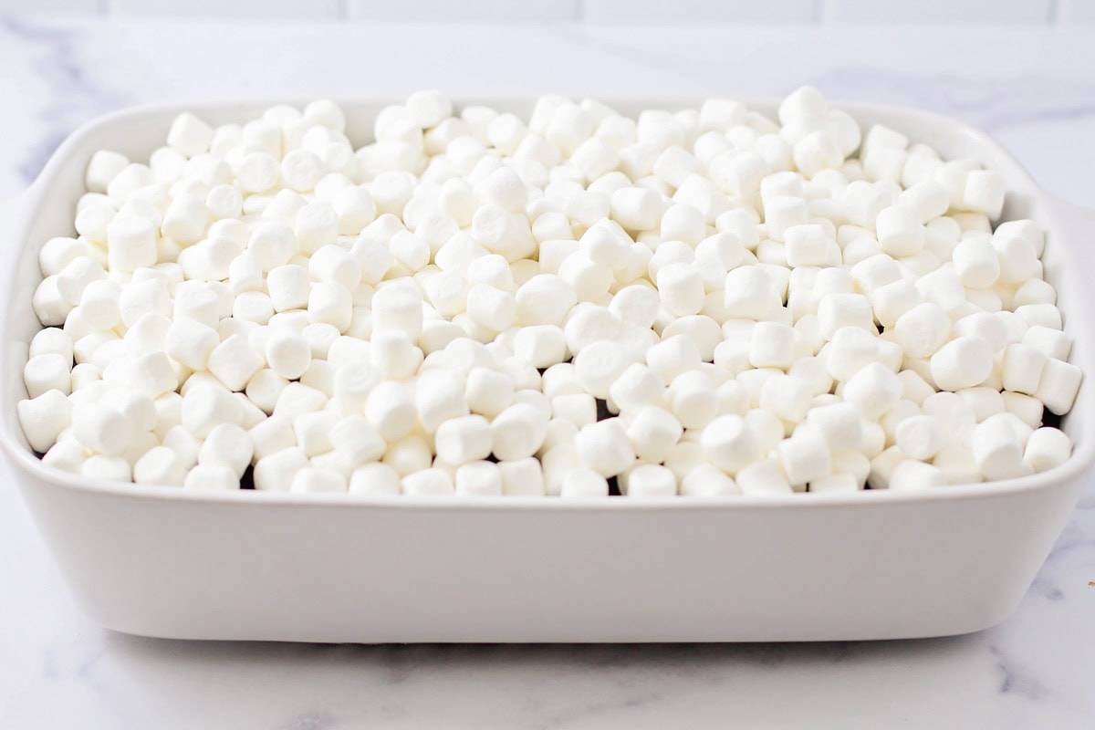 A baked chocolate cake topped with marshmallows.