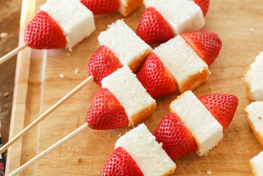 strawberries and angel food cake on kabobs
