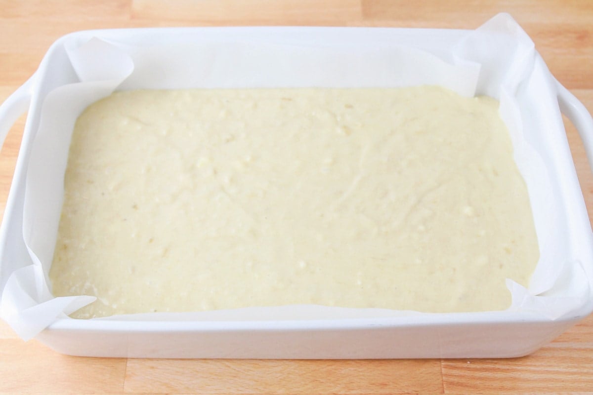 batter in a white baking dish