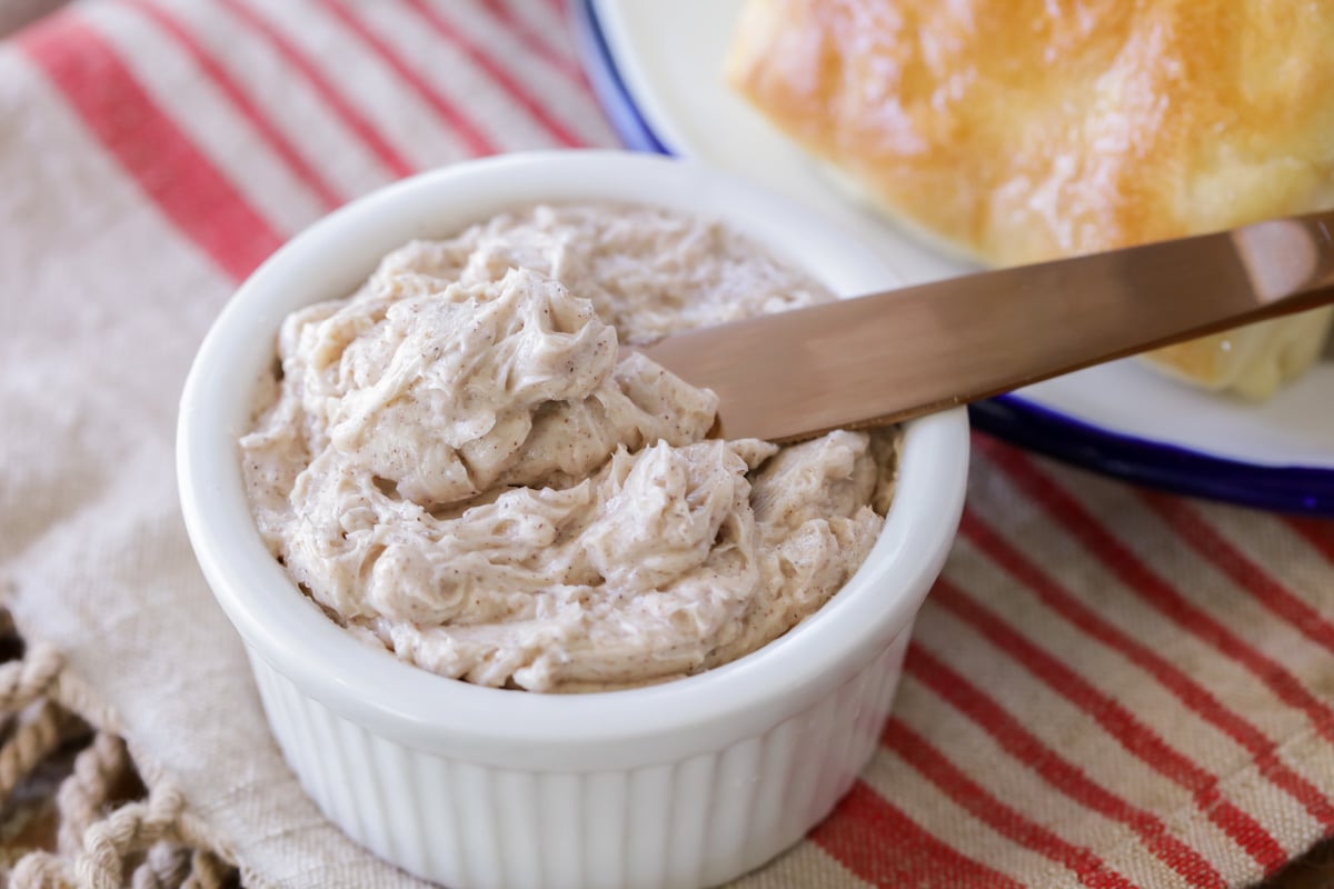 Cinnamon honey butter in a white bowl