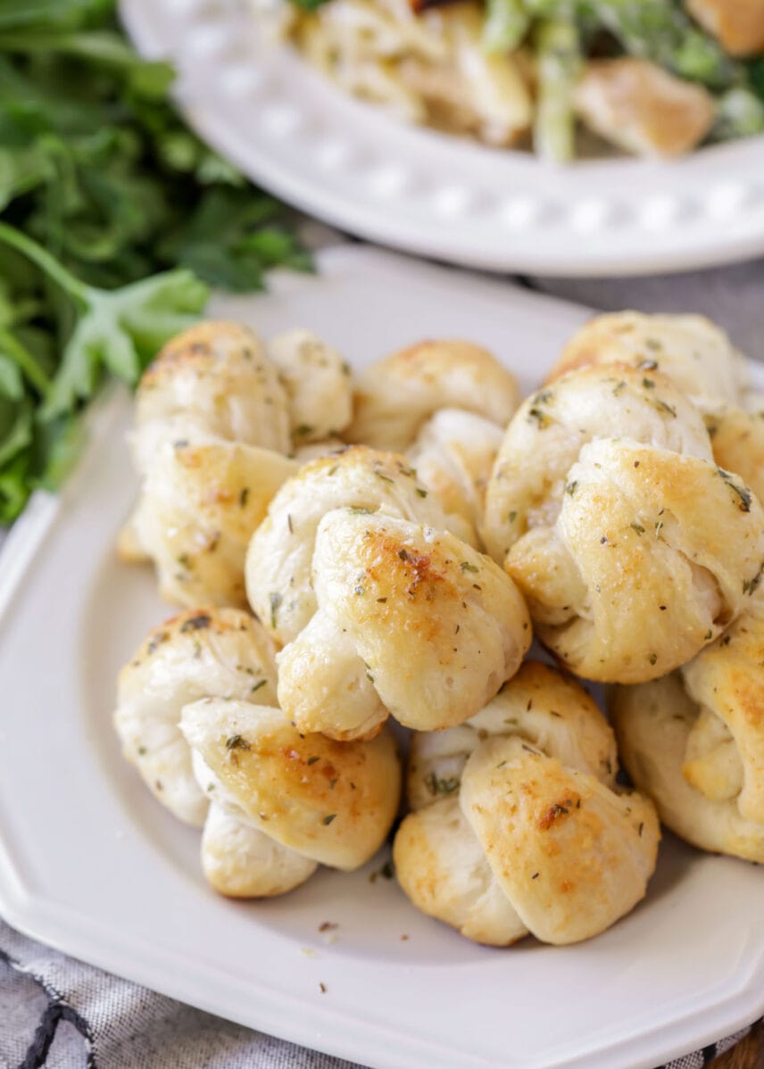Garlic knots recipe stacked on plate