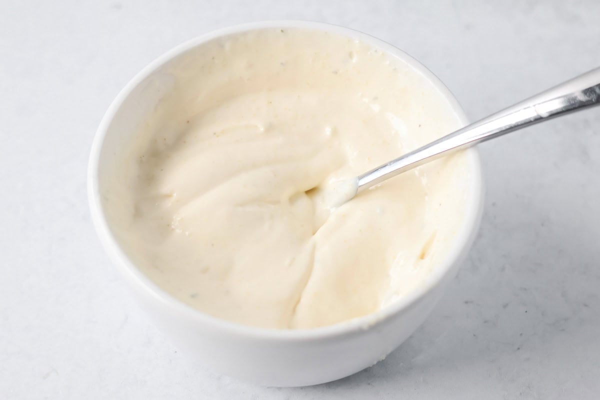Cream mixture for Esquites in bowl.