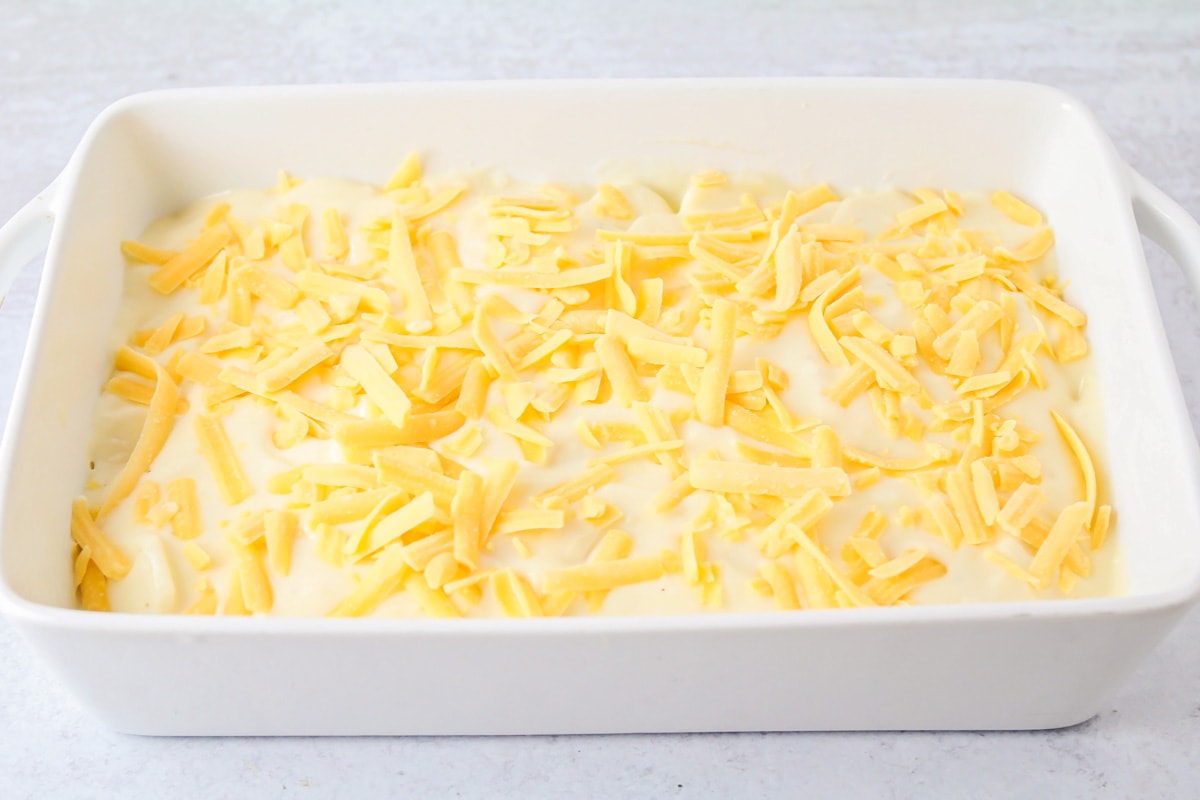 Scalloped potatoes topped with shredded cheese