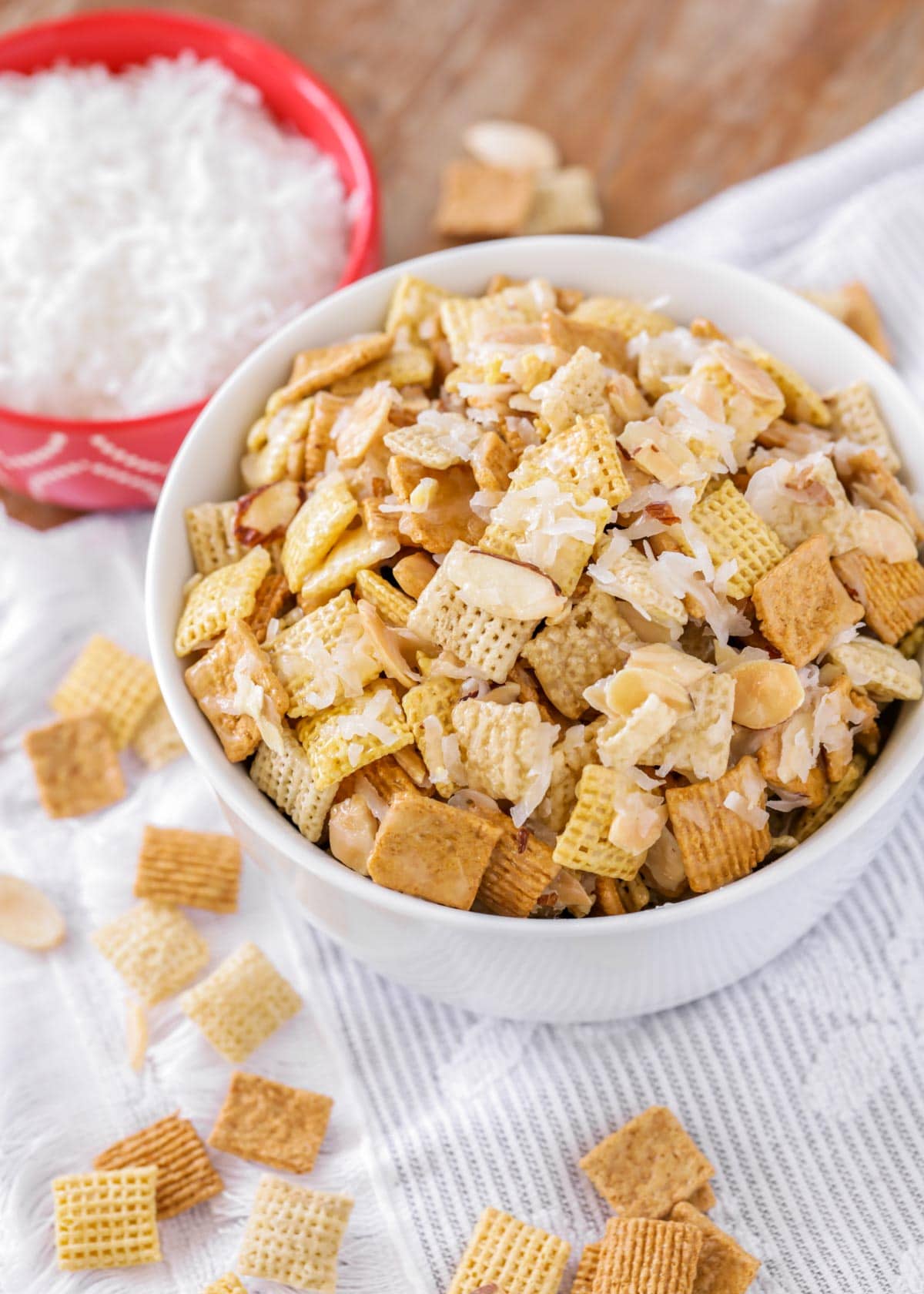 sweet chex mix in a white bowl