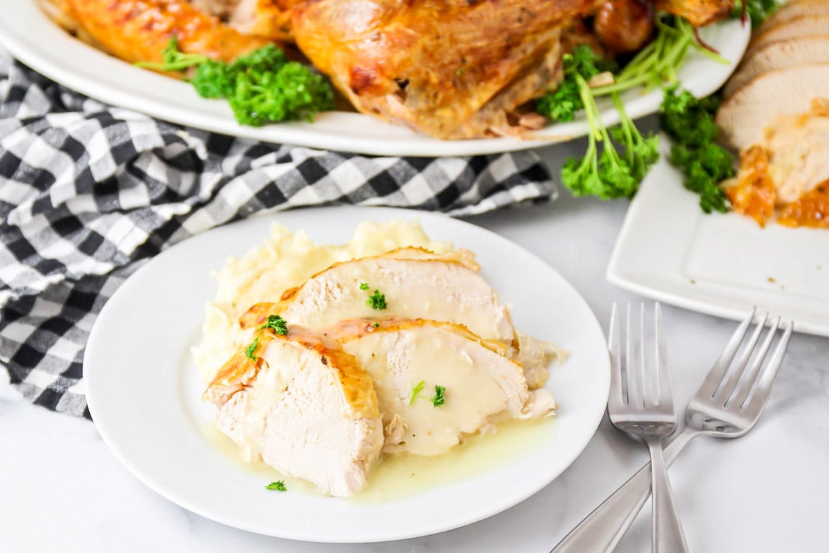 Moist turkey sliced on a white plate and served with mashed potatoes and gravy