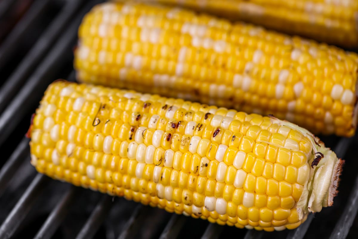 Grilled corn cooking on the grill.