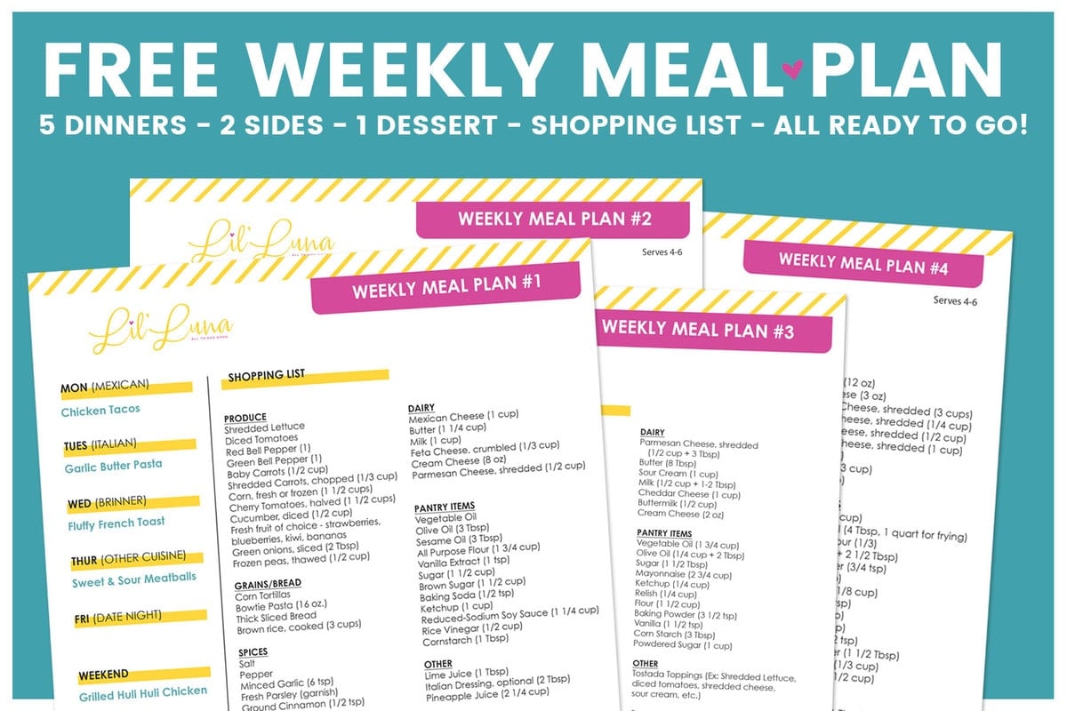 A graphic showing multiple meal plans with printable grocery lists.