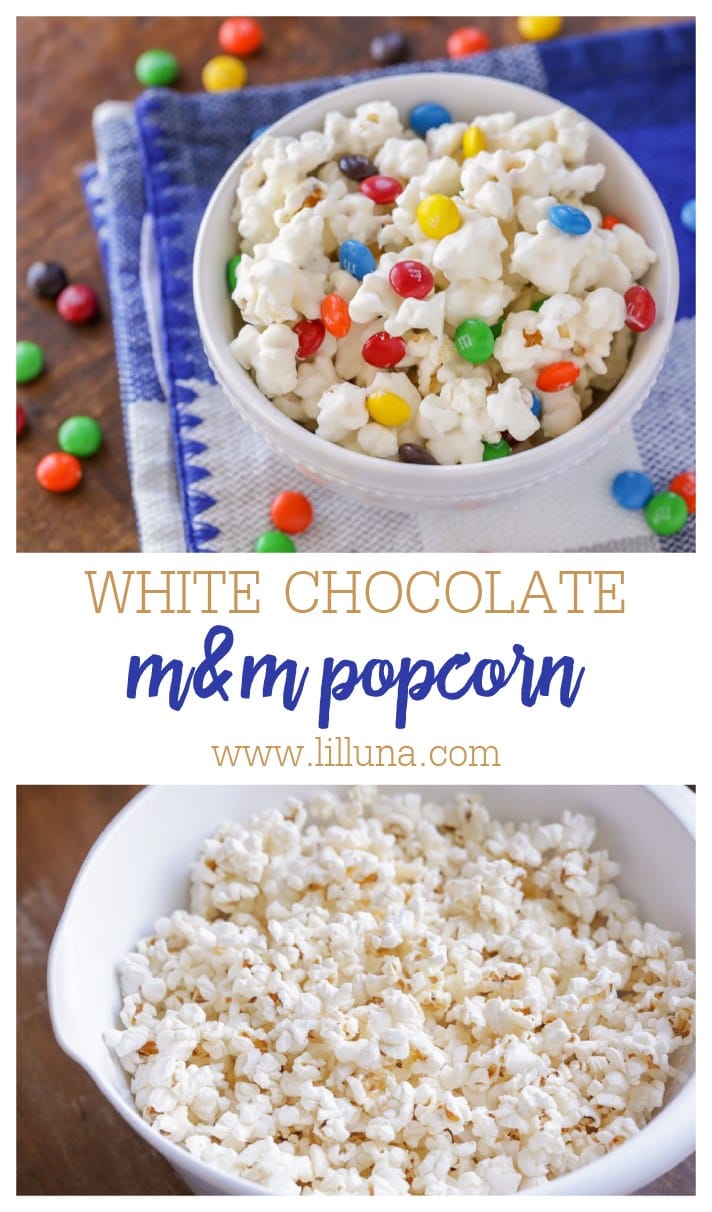 White Chocolate Popcorn {Packed with M&Ms} | Lil' Luna