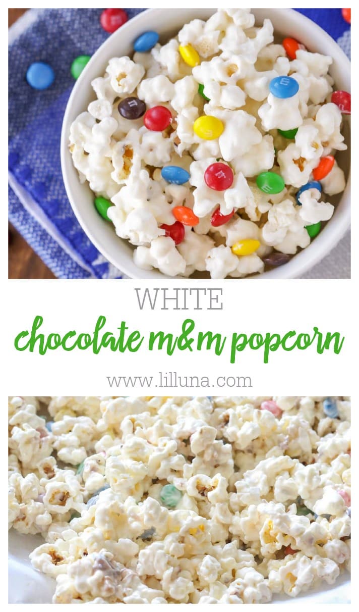 White Chocolate Popcorn {Packed with M&Ms} | Lil' Luna