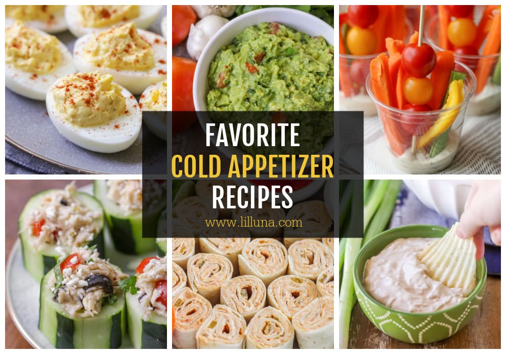 A collage filled with cold appetizers.