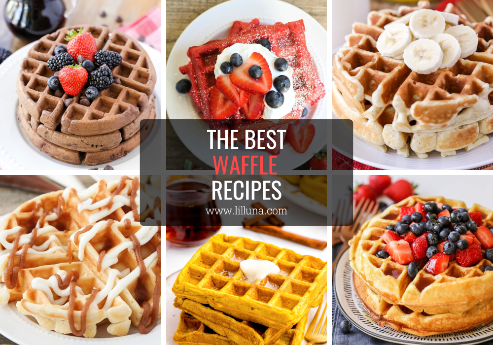 A collage of various waffle recipes. 