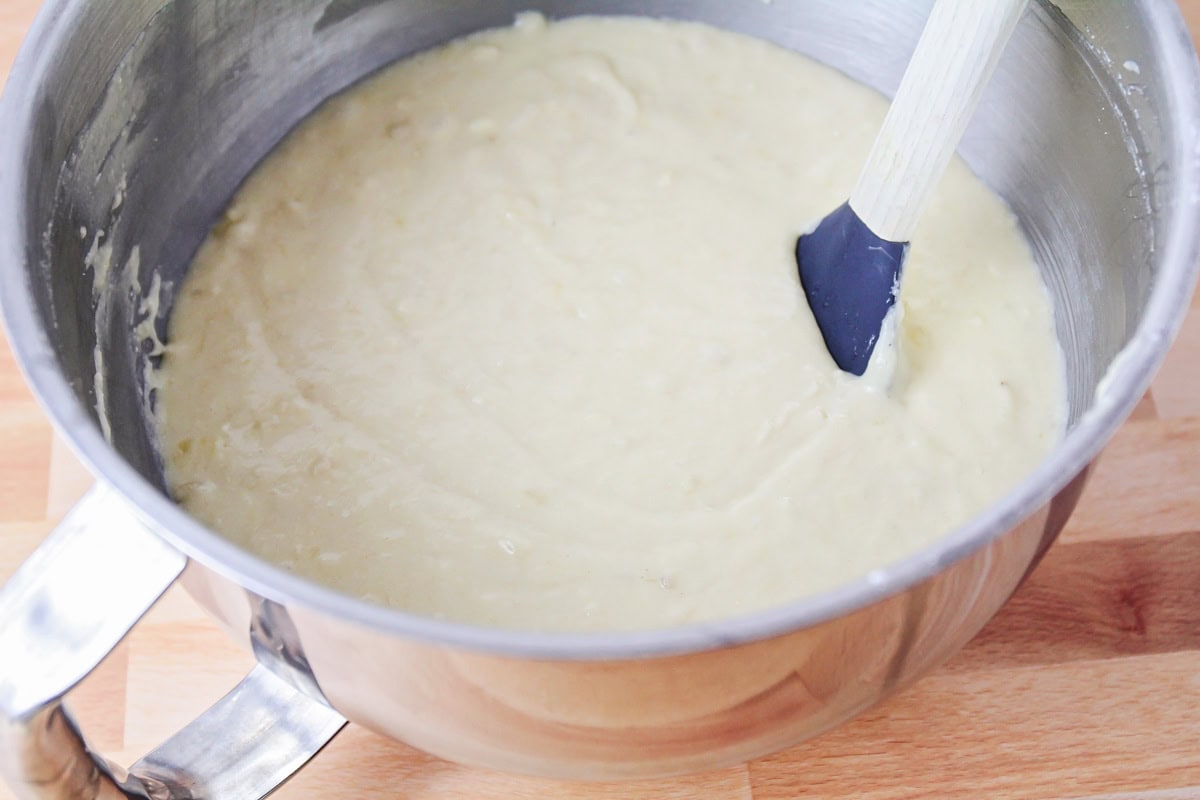 Banana bread brownies batter in mixing bowl.