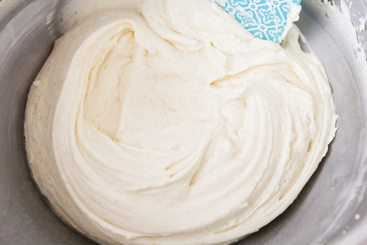 Frosting for banana brownies in mixing bowl.