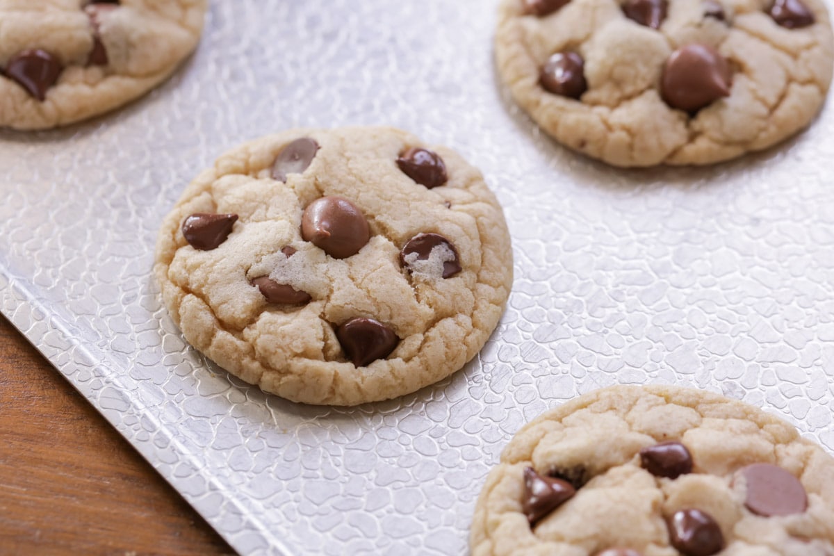 Chocolate chip cookies on cookie sheet