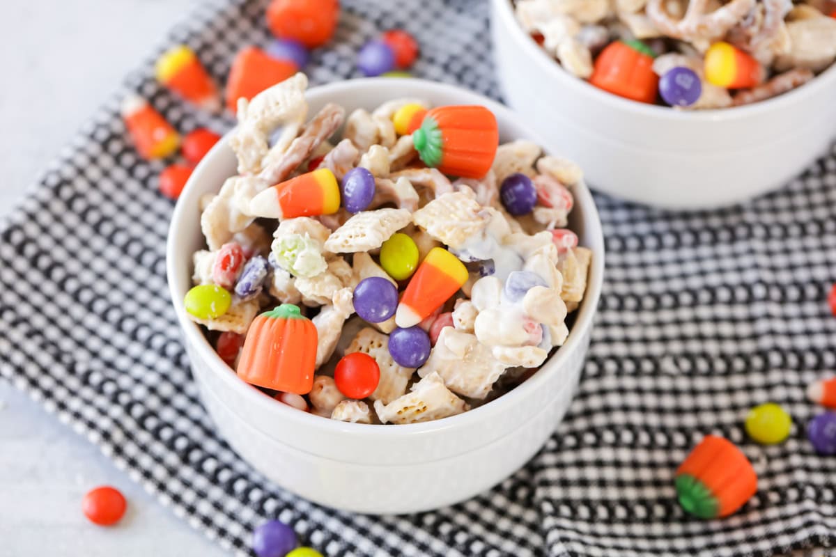 Halloween snack mix served in two small bowls.