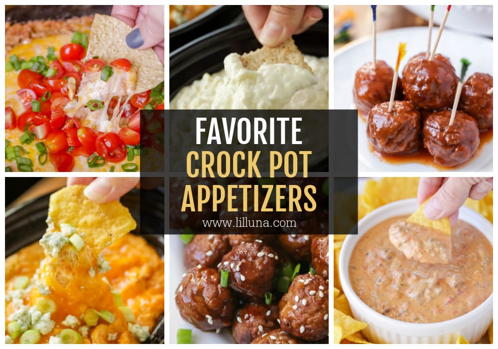 A collage of multiple crock pot appetizers.