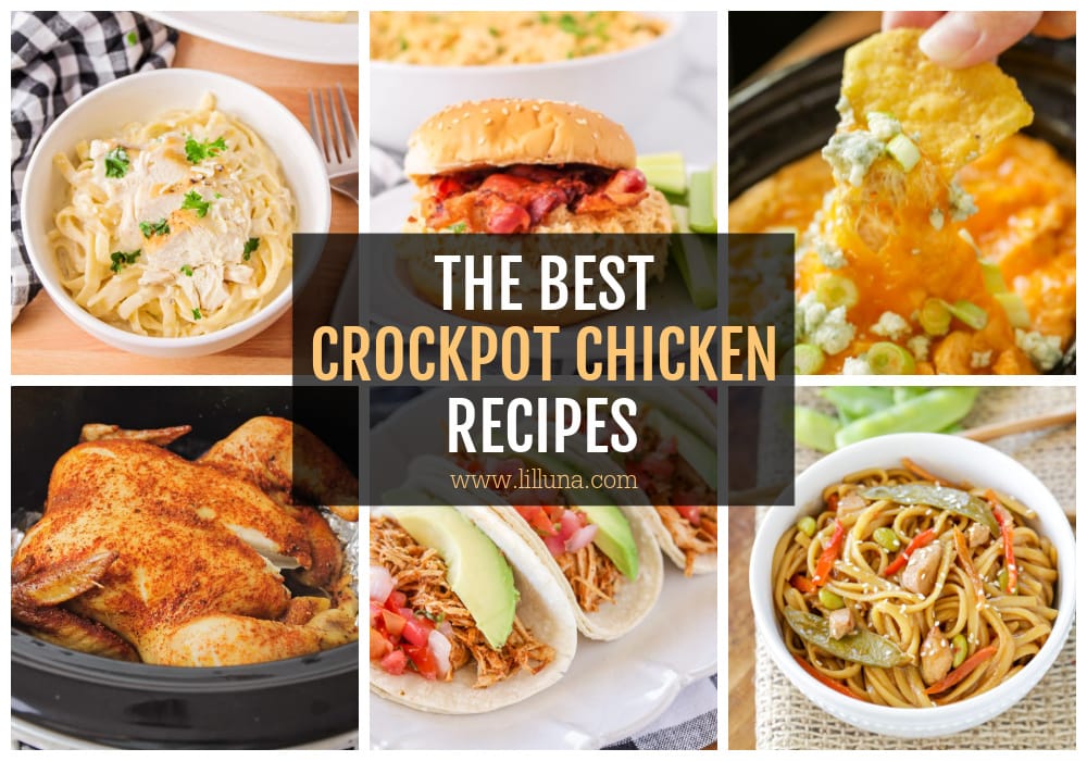 Collage of several crockpot chicken recipes.