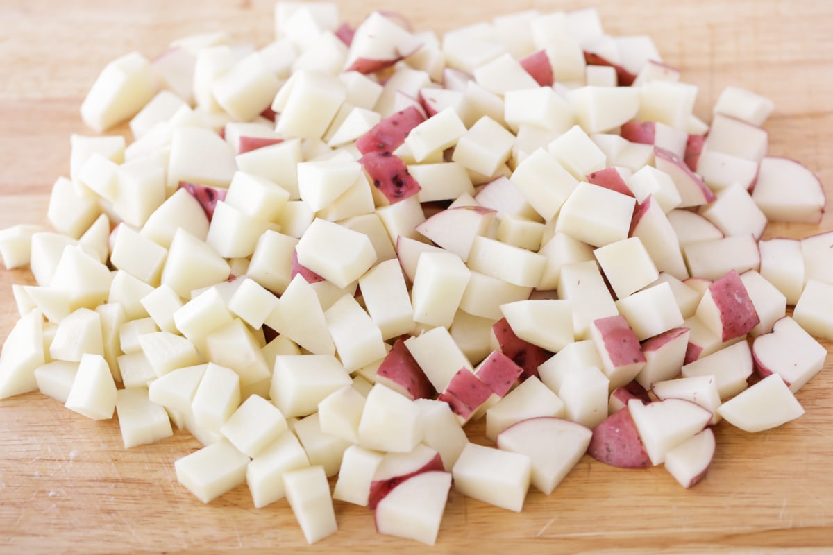 Diced potatoes for baked potato soup.