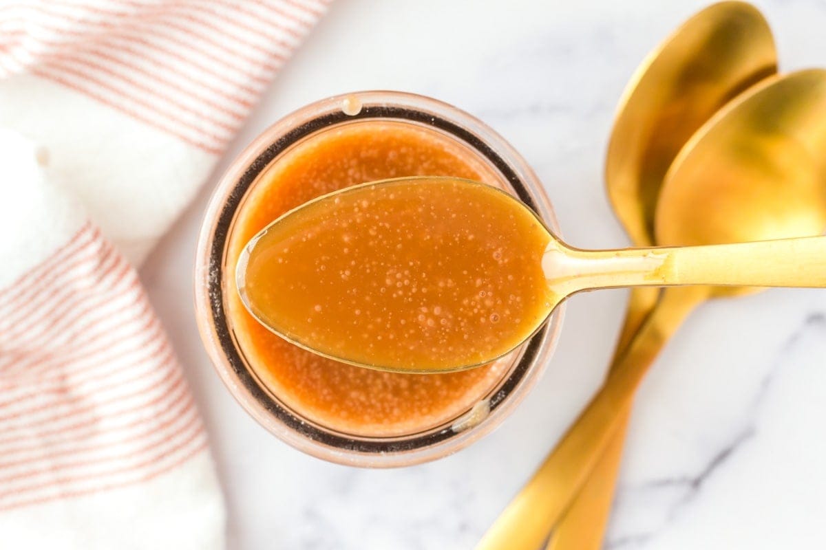 Caramel sauce in a jar.