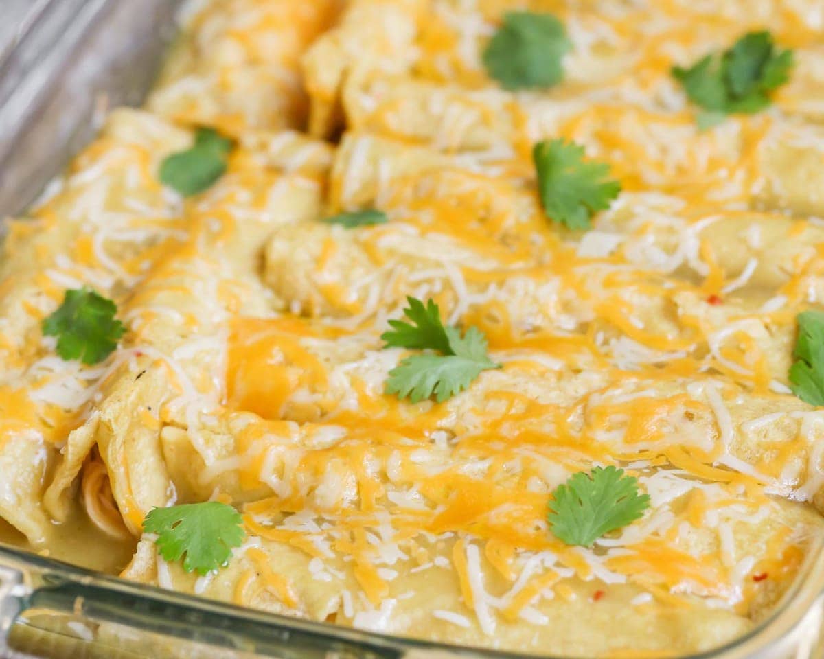 Mexican Christmas food - a baking dish filled with green chili chicken enchiladas.