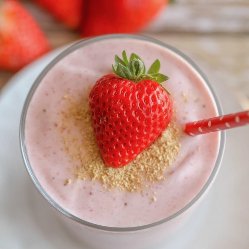 Strawberry cheesecake smoothie in a glass
