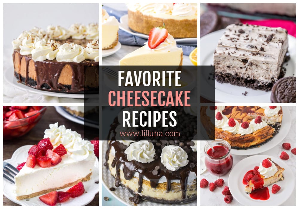 A collage of multiple cheesecake recipes.