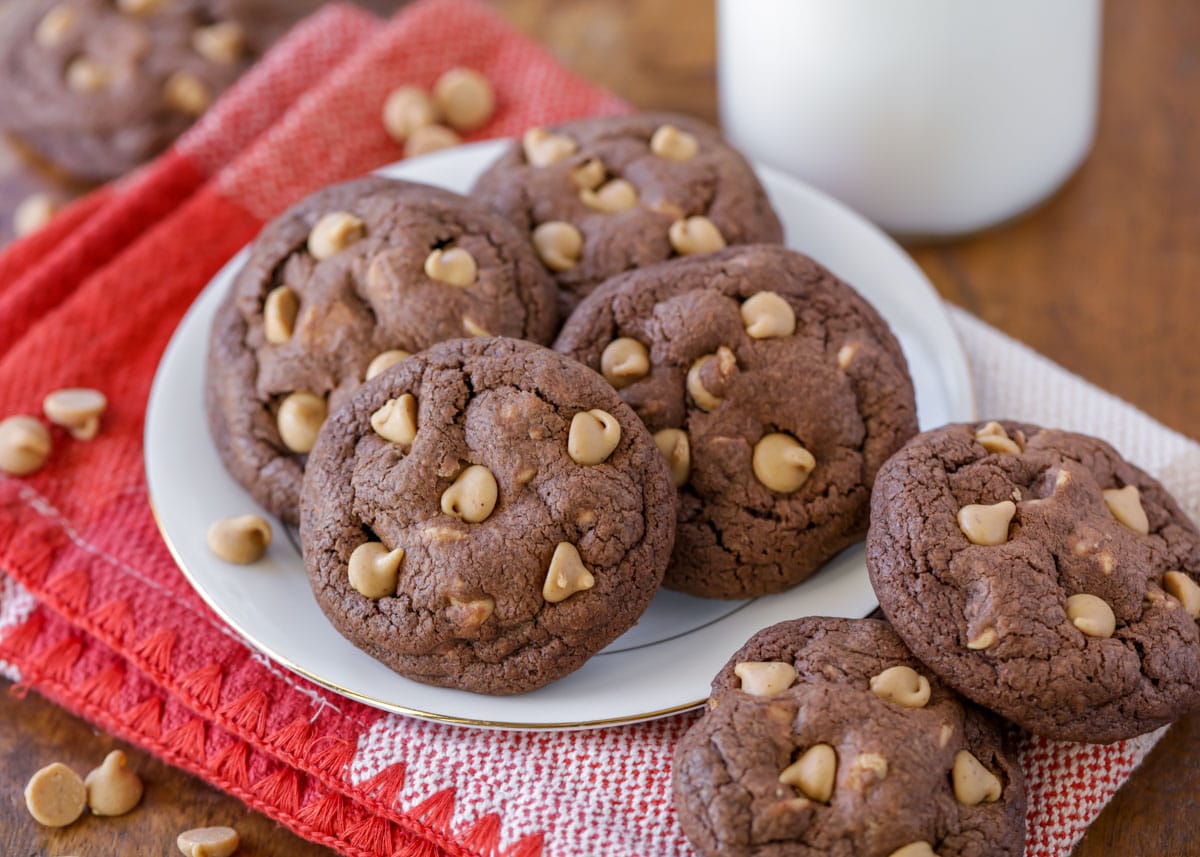 Plate filled with Chocolate Peanut Butter Cookies.