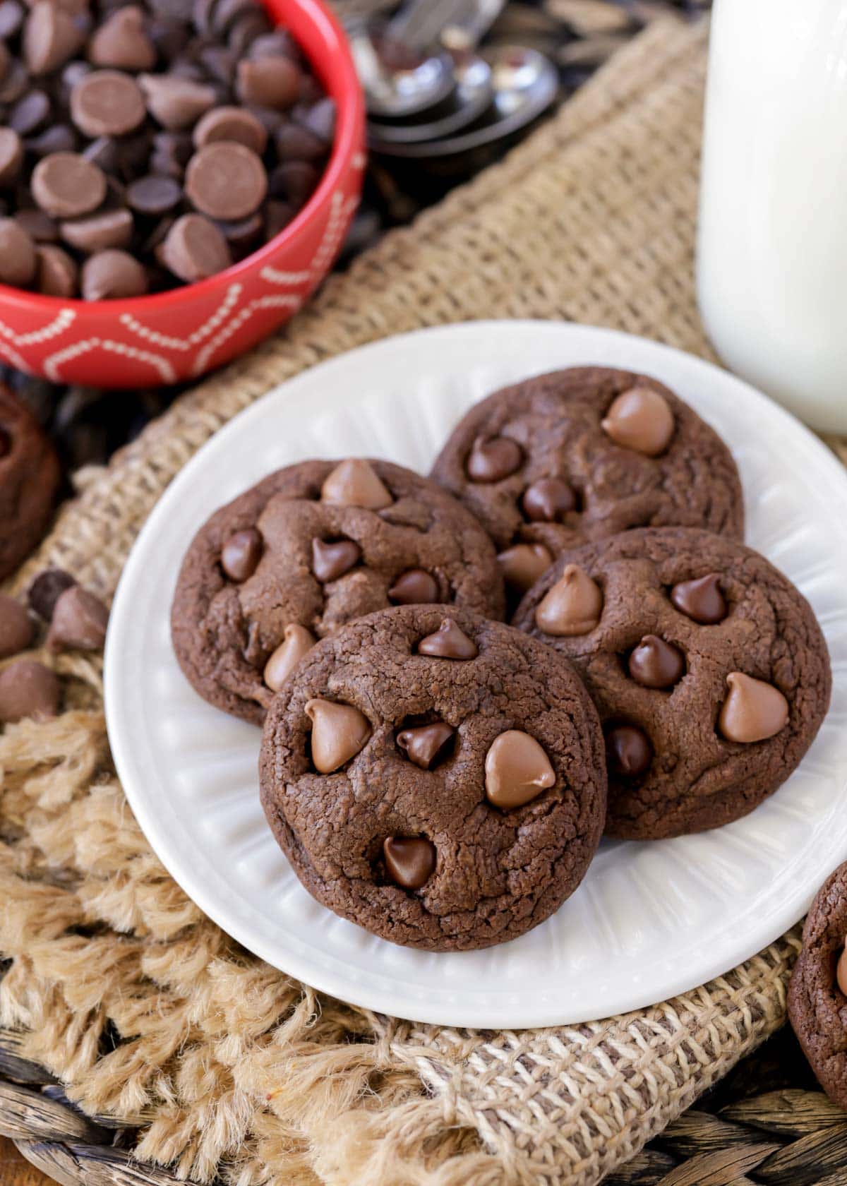 Plate filled with Double Chocolate Chip Cookies.