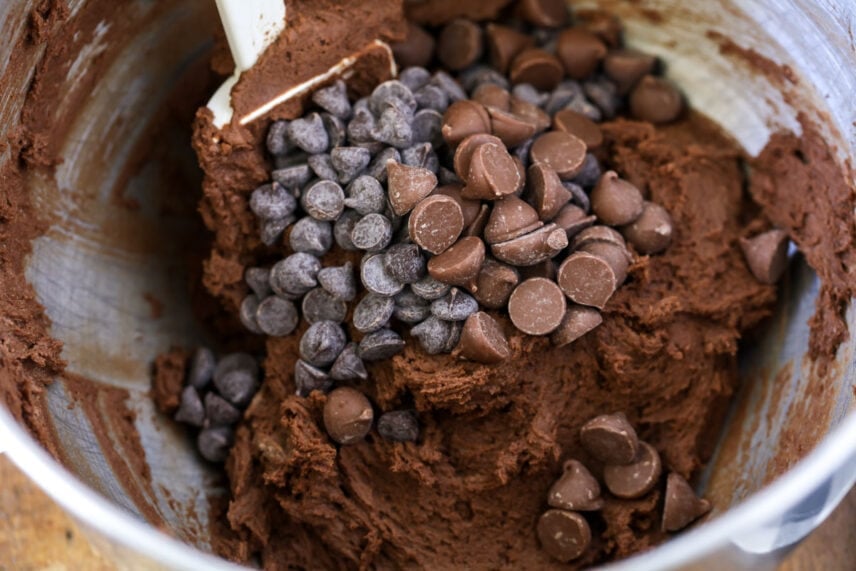 There's no such thing as too much chocolate when it comes to these easy, decadent Double Chocolate Chip Cookies!! They whip up in minutes! Adding chocolate chips to Double Chocolate Cookie dough