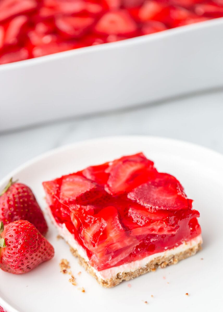 Strawberry Jello Pretzel Salad recipe close up image