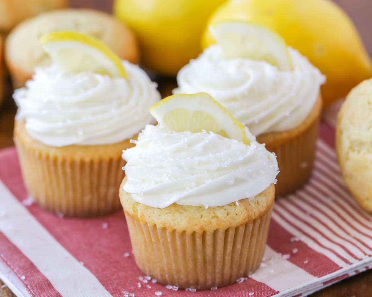 Homemade lemon cupcakes on dish towel