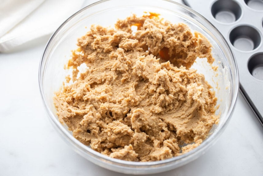 Mixture for basket cookies in glass bowl.