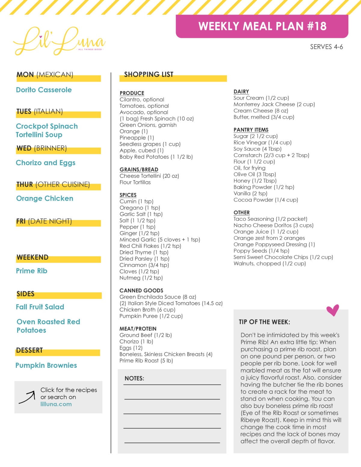 A printable meal plan with shopping list