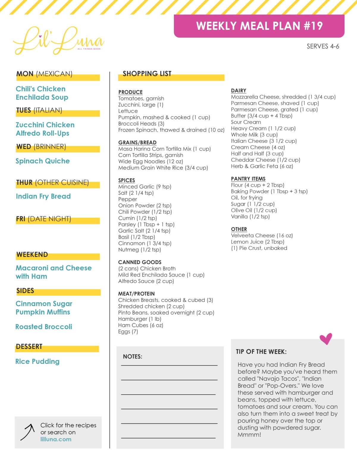 An image of meal plan #19 with shopping list