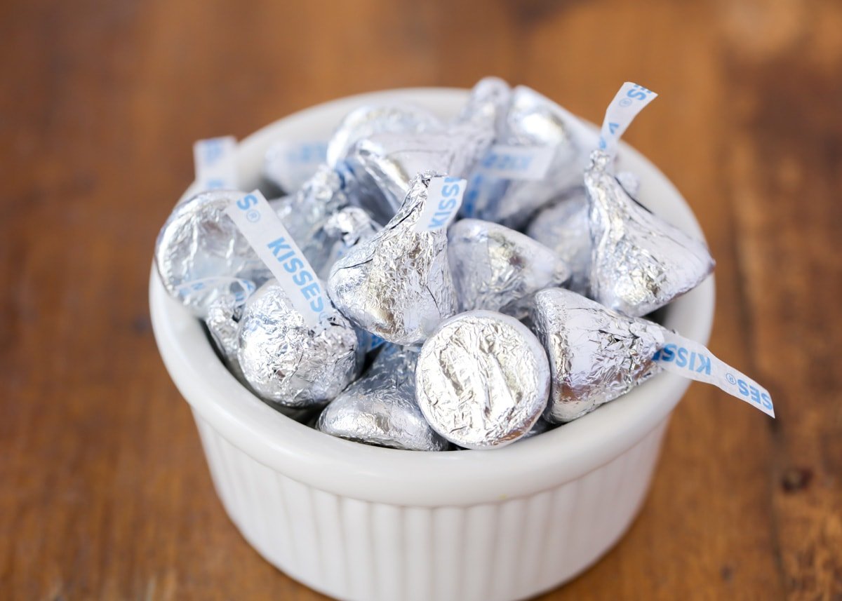 Bowl of hershey kisses for chocolate kiss cookies