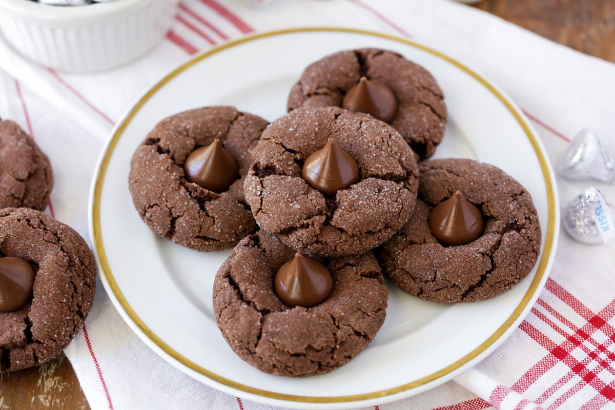Chocolate kiss cookies on a white plate