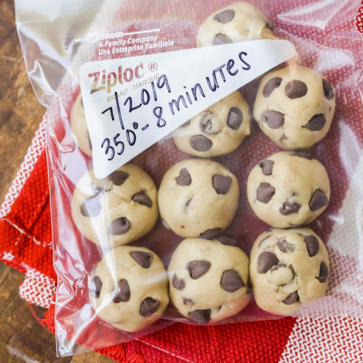 Chocolate chip cookie dough balls in a ziploc bag.