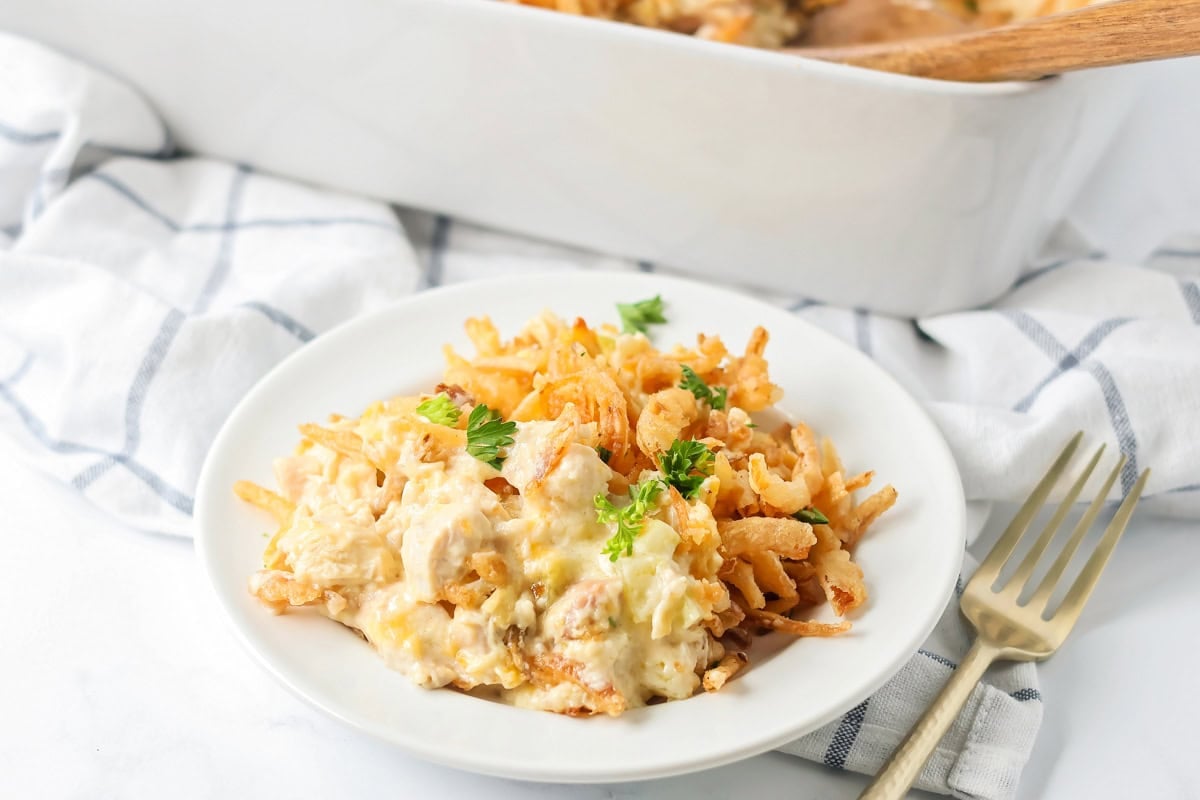 French onion chicken casserole served on a white plate.