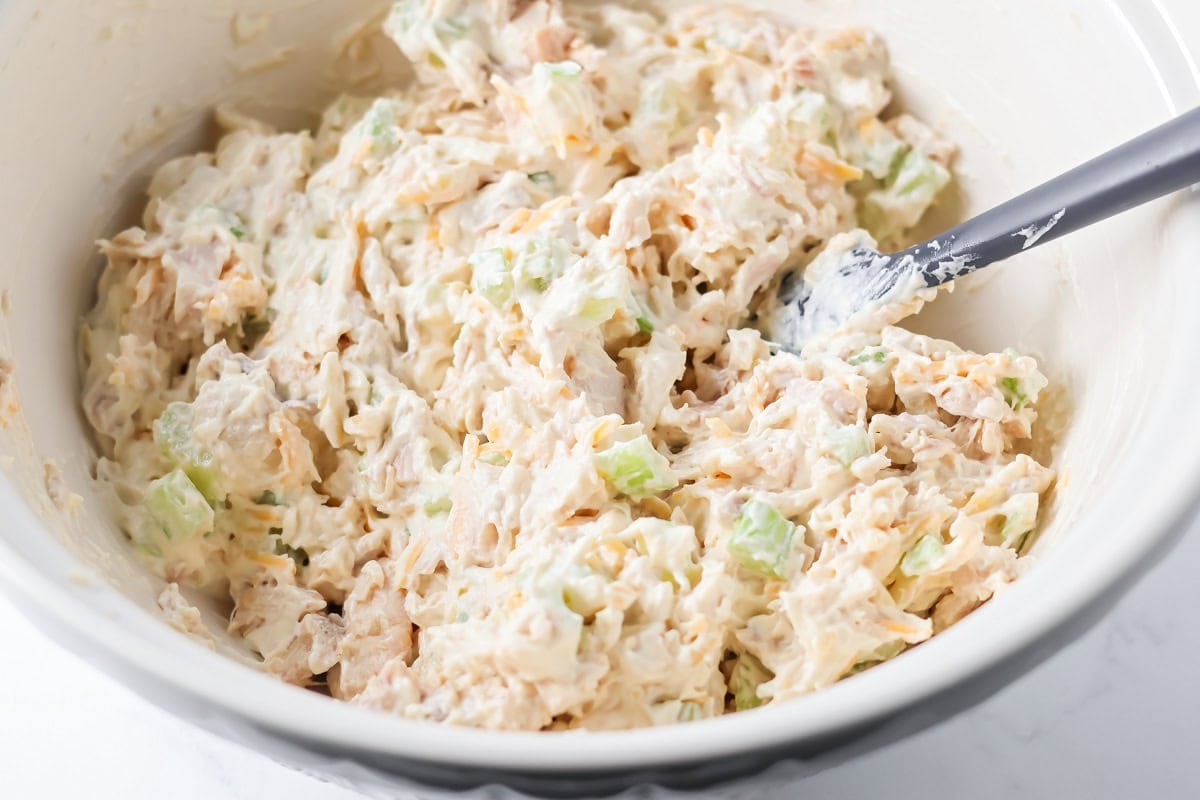 A bowl with chicken filling for french onion chicken casserole.