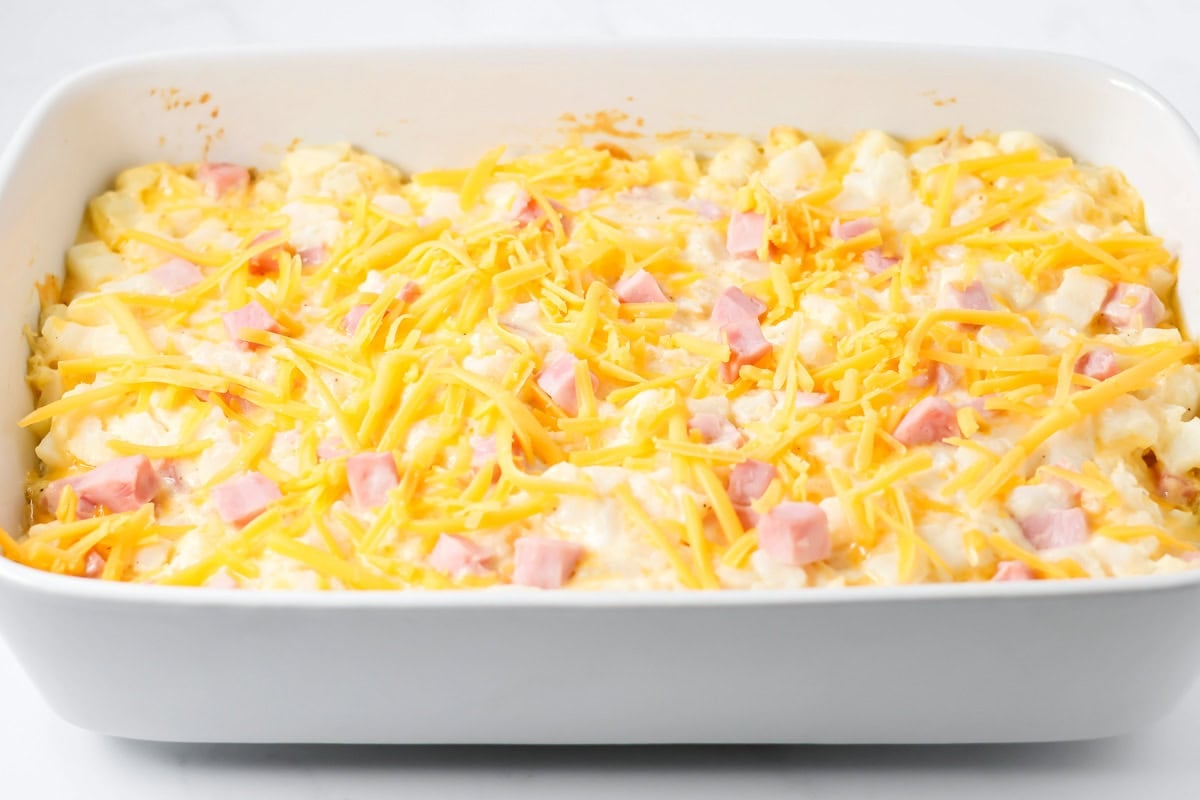 Cheese on top of ham and potato casserole recipe.