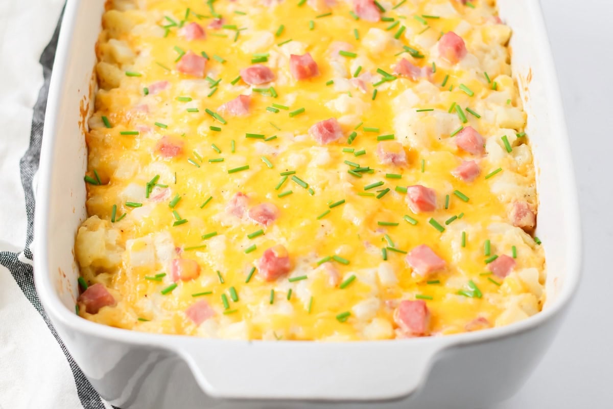 Ham and potato casserole recipe baked in casserole dish.