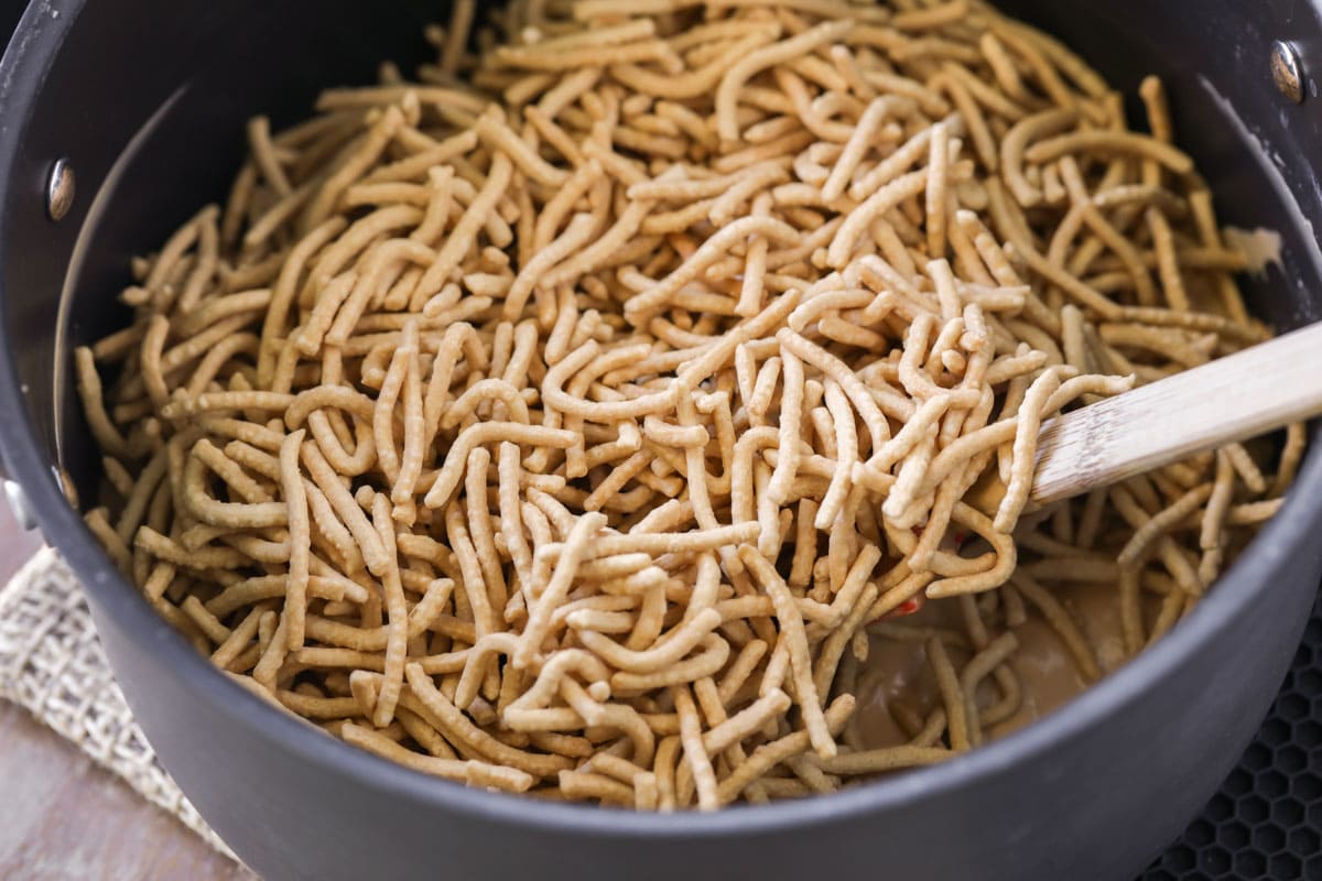 Ingredients for haystack cookies in a pot.