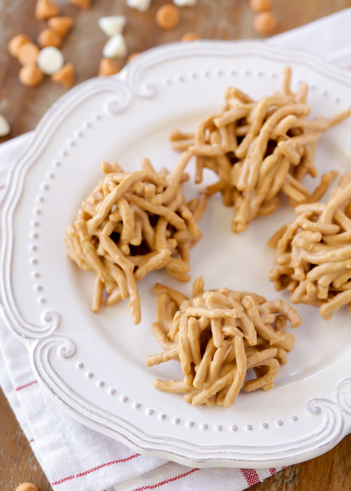 Haystack cookies on a white plate