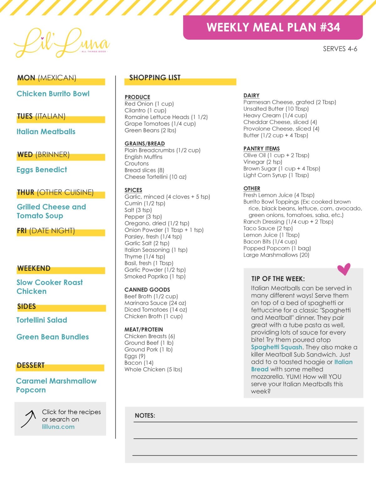 The printable grocery list for week #34 free meal plan