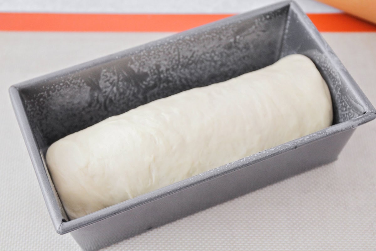 Dough for sandwich bread recipe in a loaf pan.