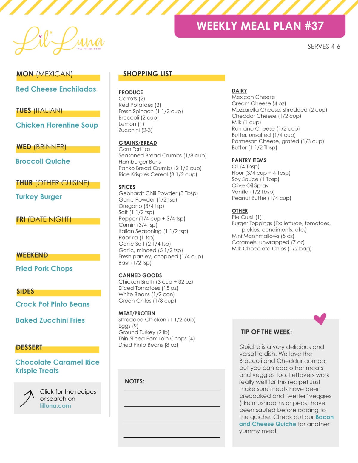 Printable Grocery List for Meal Plan #37